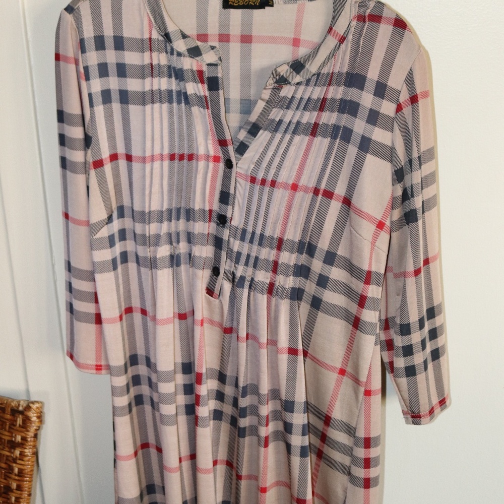 Reborn Plaid Tunic Dress/Top in Beige, Navy & Red